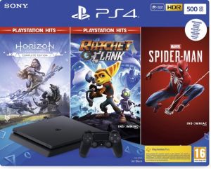 כל מה שצריך לבית צעצועים ומשחקים קונסולת משחק Sony PlayStation 4 Slim 500GB - צבע שחור ומשחקים Spider-Man + Horizon Zero Dawn + Ratchet & 